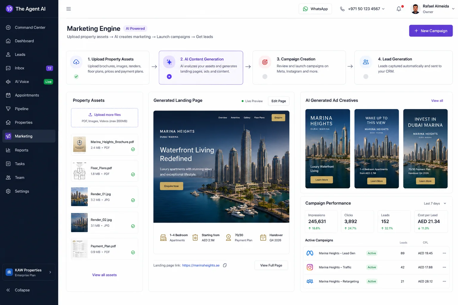 The Agent Marketing Engine — property assets turned into landing pages, ad creatives and live campaigns